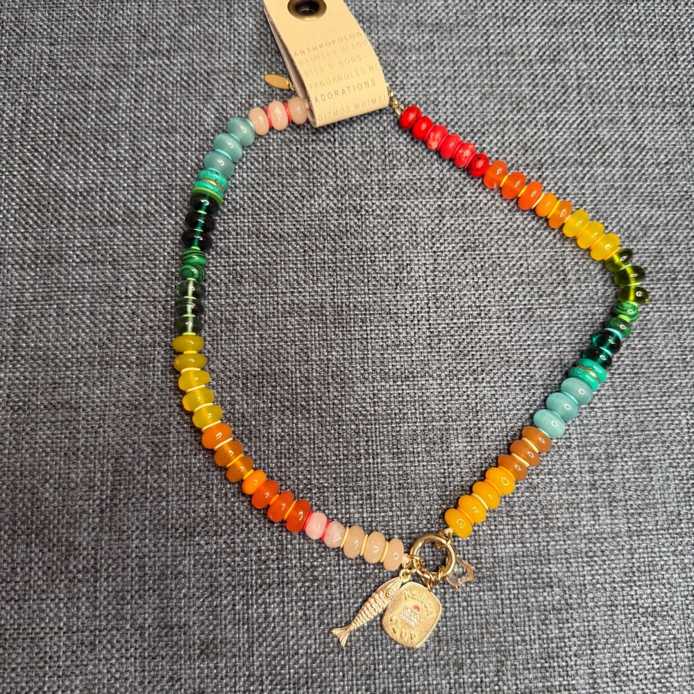 NWT Anthropologie Beaded Charm Cluster Necklace in Orange/ Multi - Picture 3 of 6